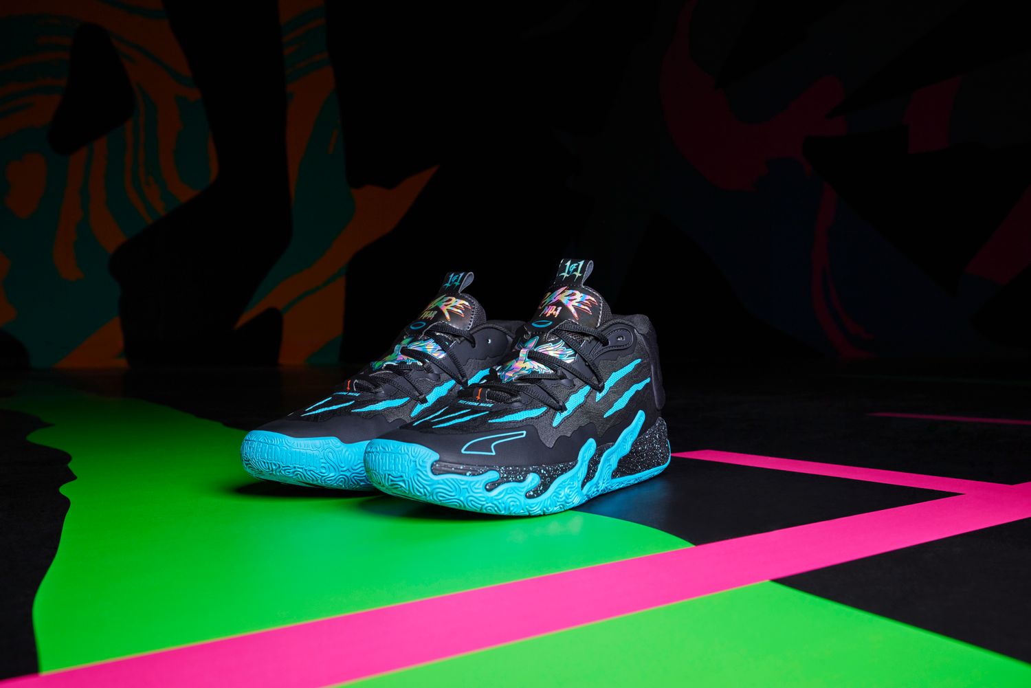 Side view of LaMelo Ball's black and blue PUMA sneakers.